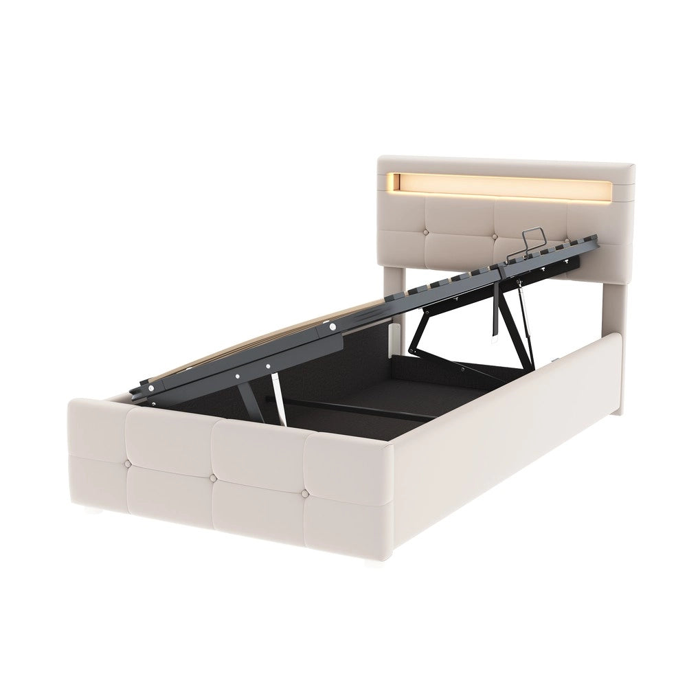 Letto Contenitore Imbottito Singolo con LED ¨C MINIMAL ¨C Velluto Beige, Testiera Regolabile, 90x200