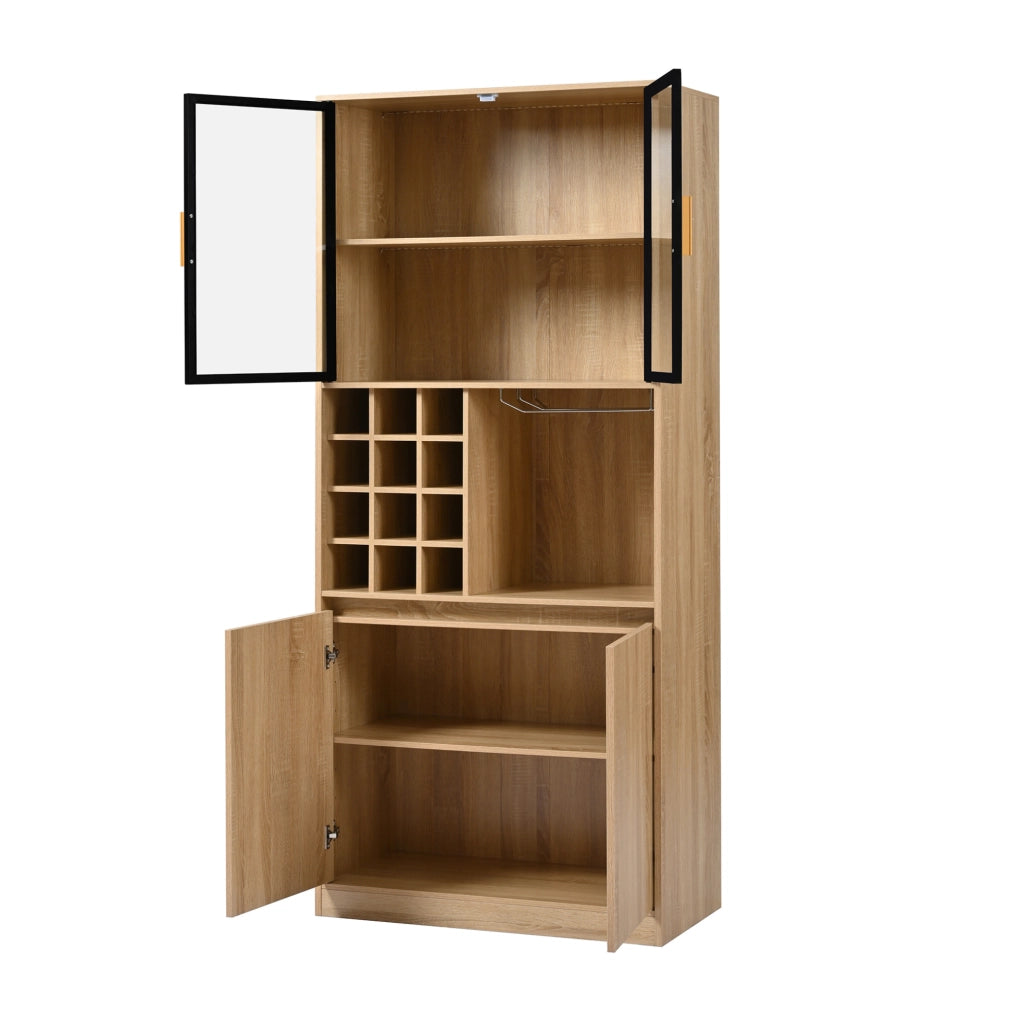 Mobile contenitore con ante in vetro e illuminazione LED 180 cm; in MDF naturale