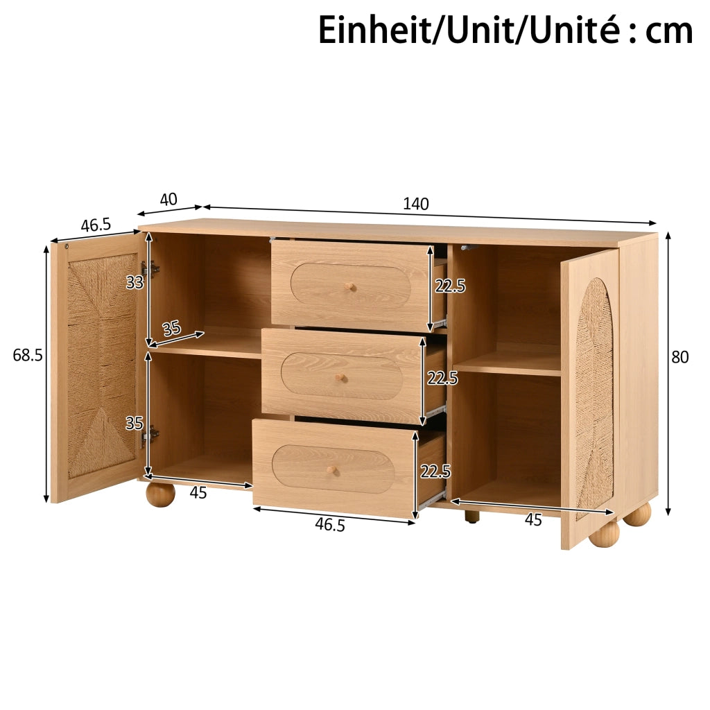 Credenza con 2 ante e 3 cassetti, per ingresso, in MDF e truciolare, naturale