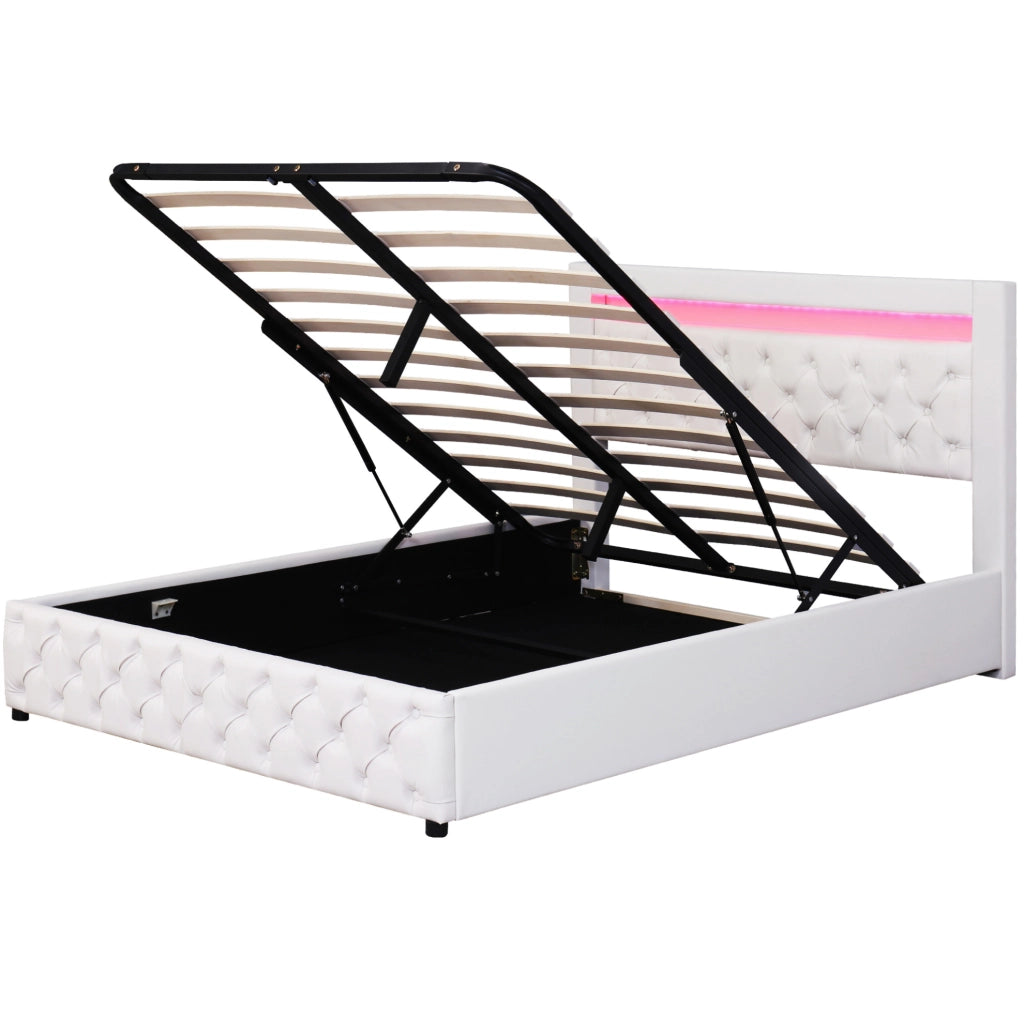 Letto imbottito 160x200 cm in PU bianco con LED; rete a doghe e contenitore