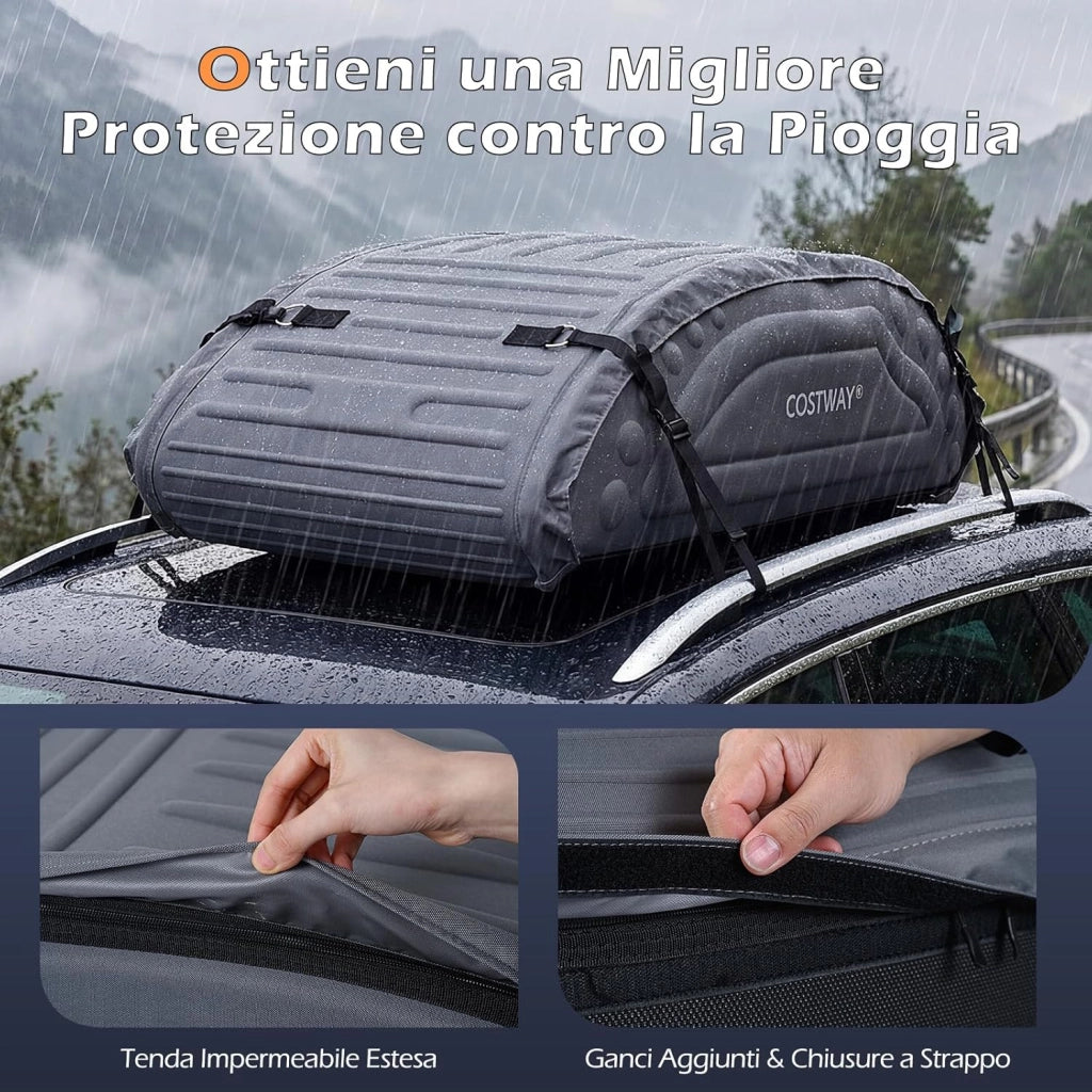 Borsa da Tetto per Auto Impermeabile 14Cu.Ft/400L, Box Tetto Universale Pieghevole con Borsa+ 4 Cinghie Rinforze+ 4 Ganci, Portabagagli per Tutti i Veicoli con/senza Barre Portapacchi (Grigio)