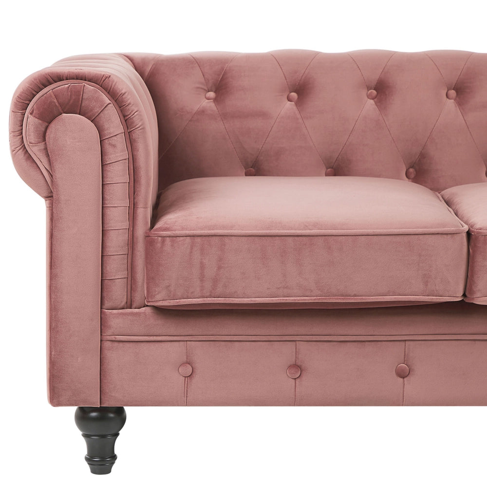 Set da soggiorno Chesterfield con rivestimento in velluto rosa e gambe nere divano a 3 posti + poltrona