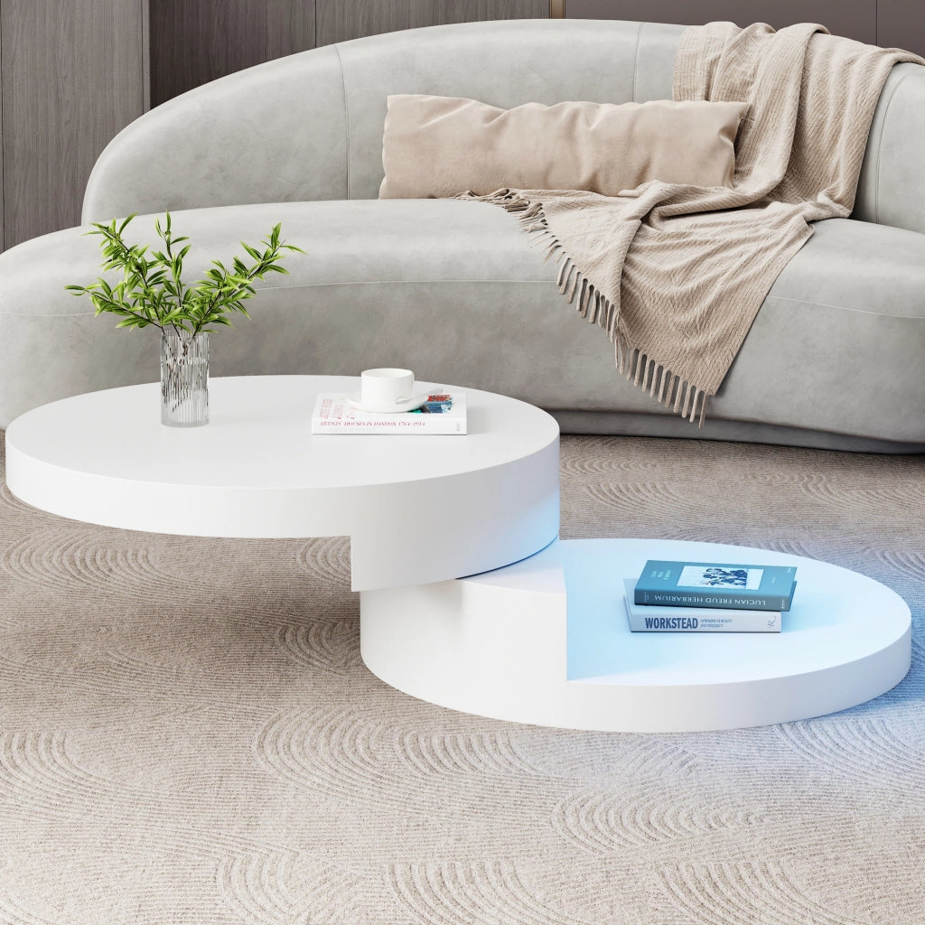 Tavolino basso cilindrico con piano girevole a 360°, LED e doppio ripiano in MDF bianco 70 × 70 × 35,5 cm