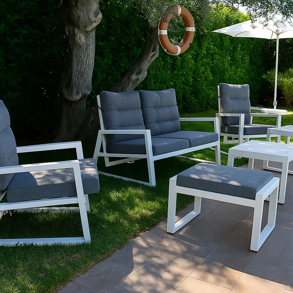 Pouf da Giardino Mikonos 67,5x53x45 cm in Alluminio e Tessuto Tecnico Grigio e Bianco