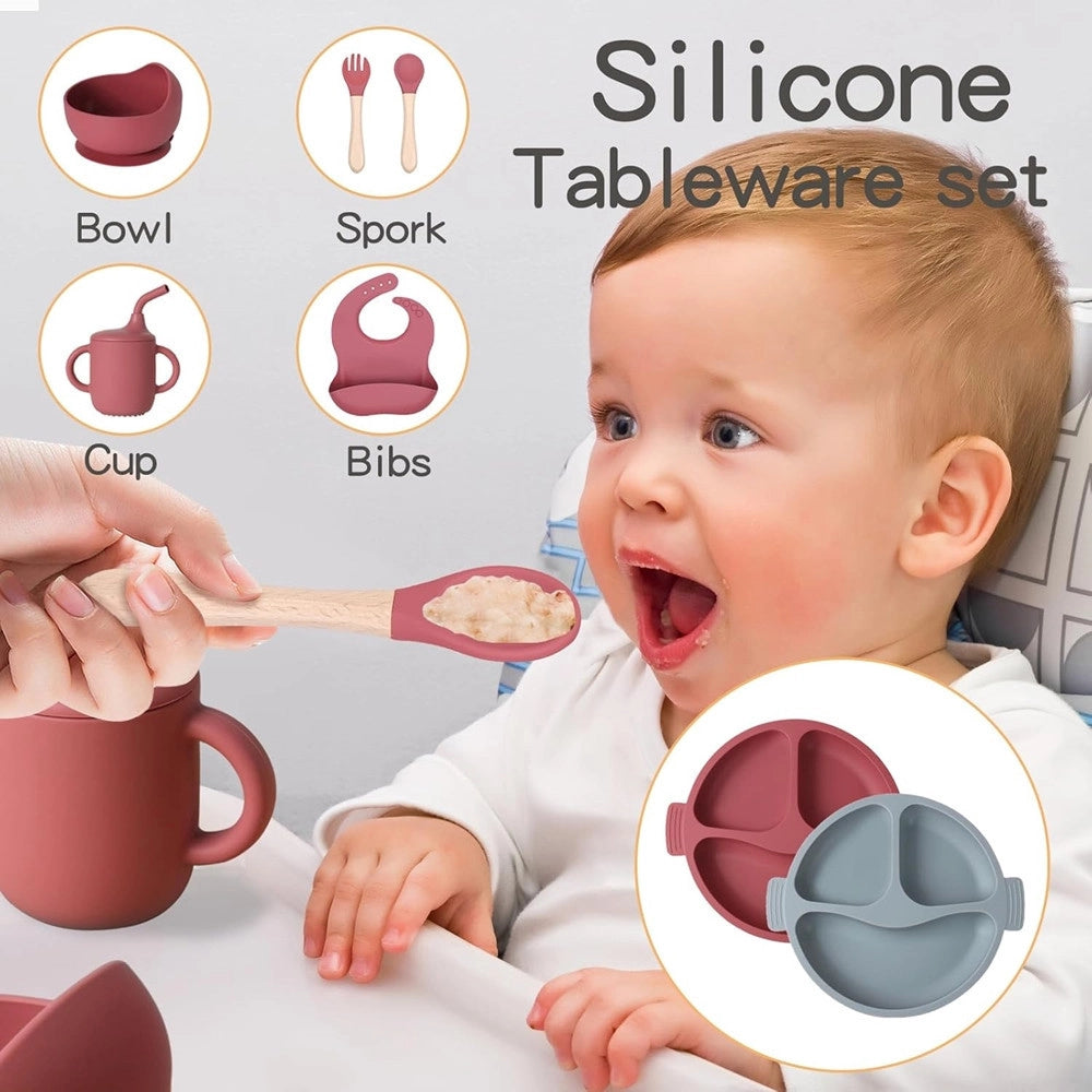 Trade Shop - Set Pappa Svezzamento Bambini 6pz Piatto Con Ventosa Ciotola Cucchiaio Bavaglino Tazza -