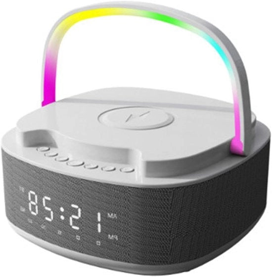 Orologio digitale con 15 W carica rapida Qi wireless 5.3 Bluetooth speaker radio FM timer luce a LED notturna supporta scheda TF ingresso AUX sveglia per camera da letto