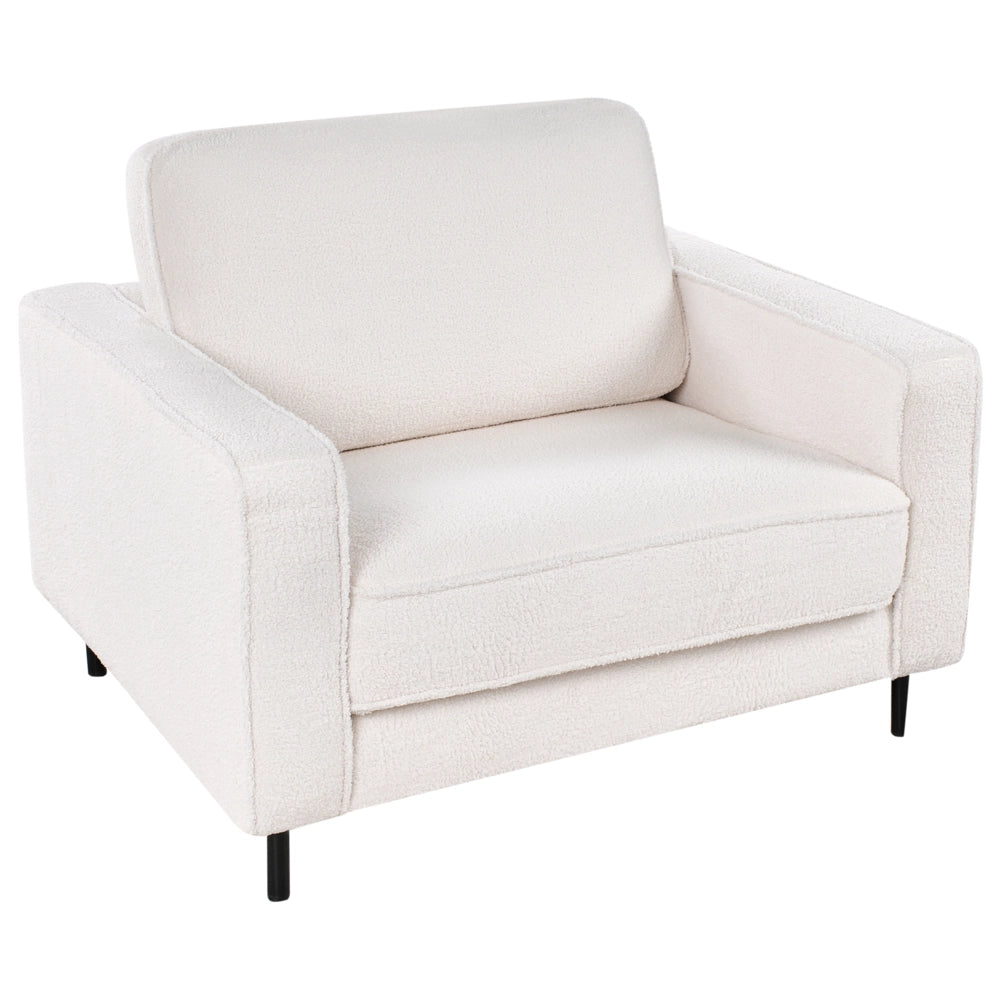 Poltrona in tessuto boucle bianco con cuscini e gambe in metallo stile moderno minimalista