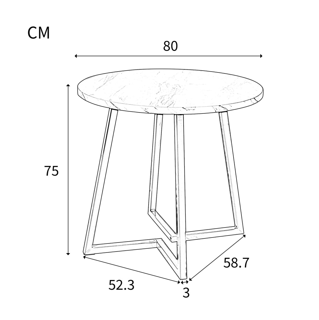 Tavolo da pranzo rotondo 80x75 cm con piano effetto marmo; gambe regolabili in MDF bianco