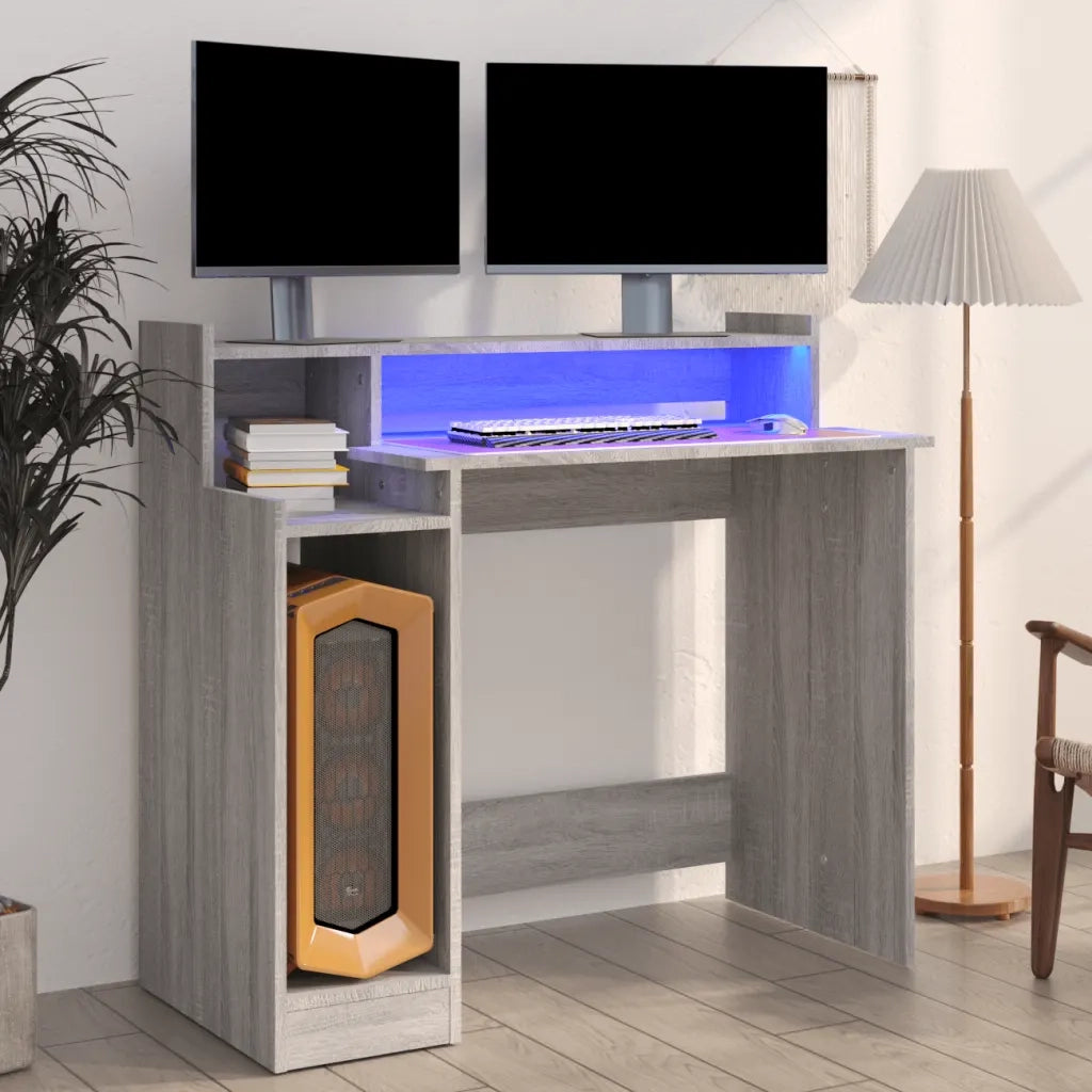 Scrivania | Tavolo da Ufficio con Luci LED Grigio Sonoma 97x45x90 cm in Multistrato