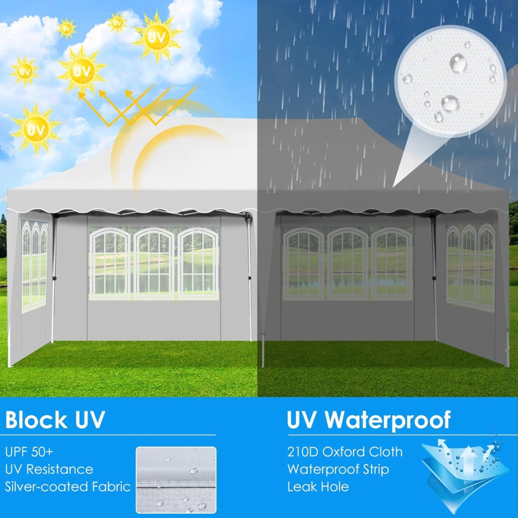 Gazebo 3x6 Pieghevole Impermeabile, altezza 290–300–310 cm, Protezione UV 50+, Tenda con 4 Pareti Laterali, 12 Ganci, 6 Corde e 6 Sacchi di Sabbia, Gazebo da Giardino per Campeggio, Matrimoni, Bianco