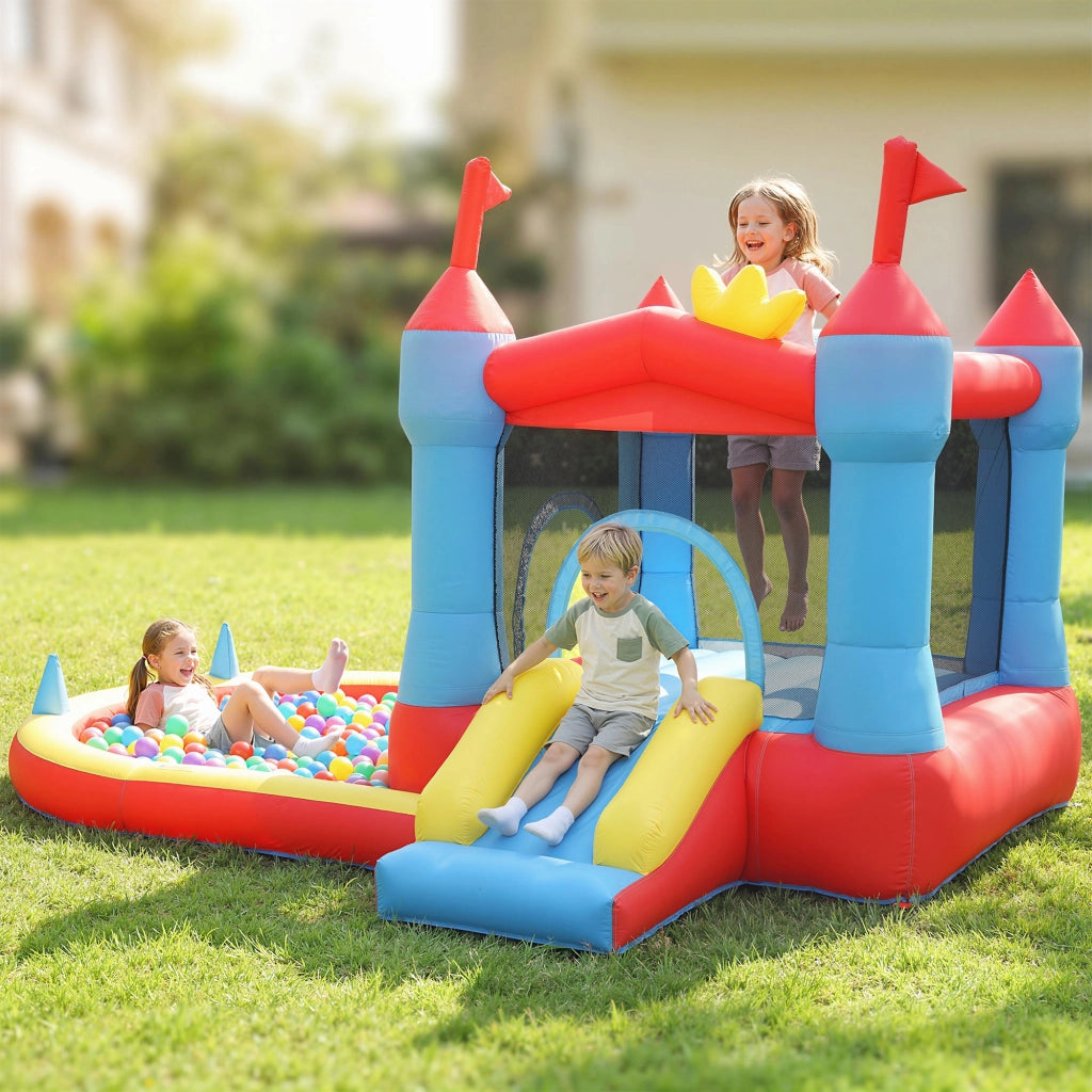 Castello Gonfiabile per Bambini con Scivolo, Piscina/Palline, Canestro da Basket e Soffiatore