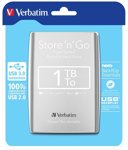 Verbatim Disco rigido portatile Store 'n' Go USB 3.0 da 1 TB Argento