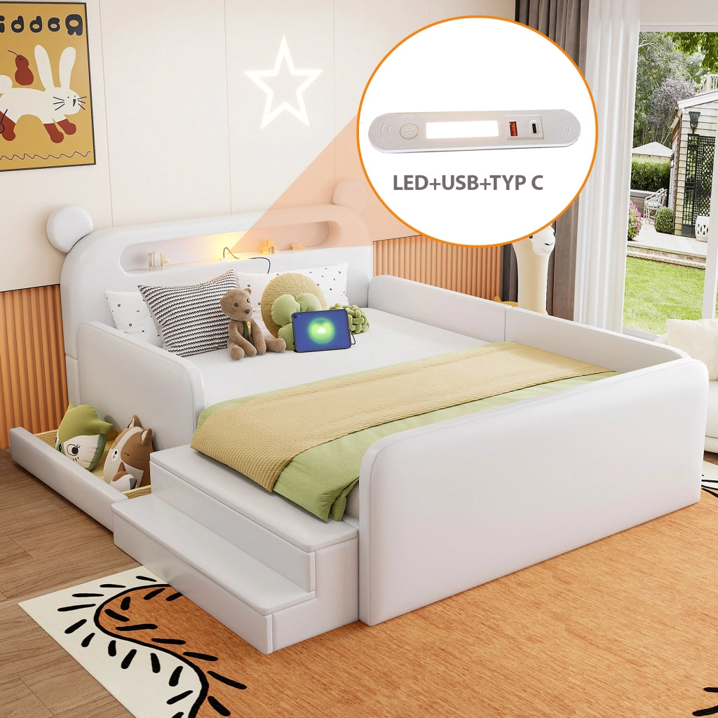 Letto imbottito per bambini con testiera a orso e USB, 140x200 cm, bianco