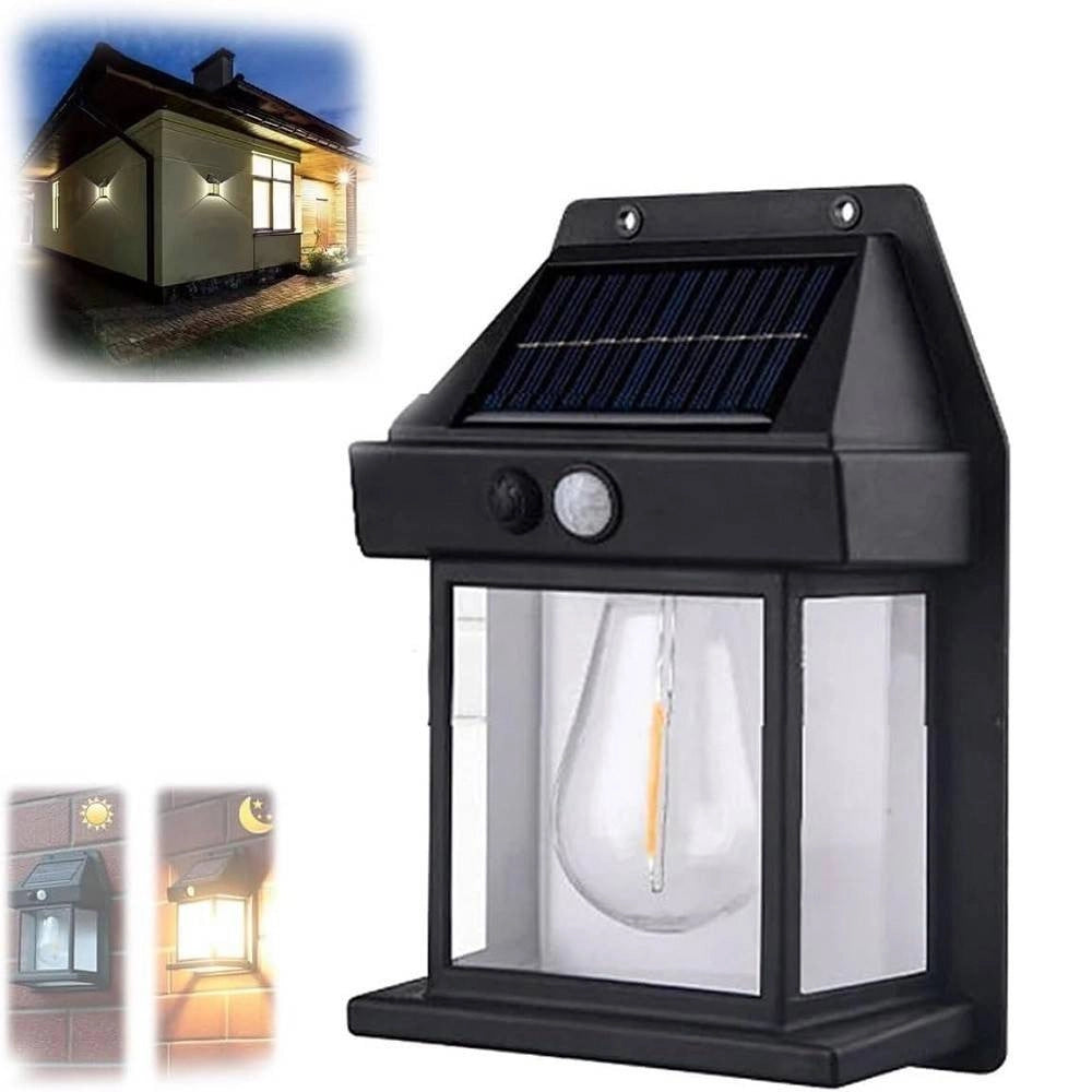 Trade Shop - Lampada Da Parete Solare Sensore Movimento Luce Tungsteno Led Applique Ip65 Nero -