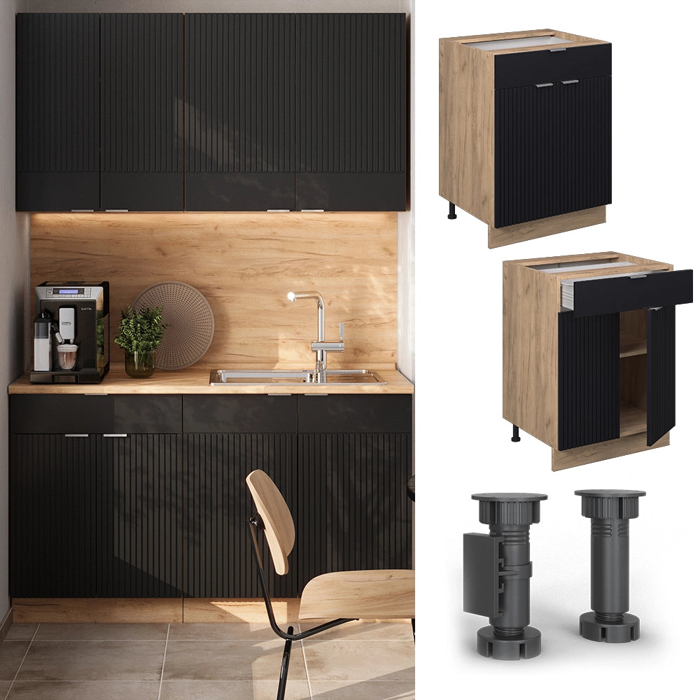 Mobiletto base per cucina Fame-Line Nero rigato/Rovere dorato 60 cm con cassetto, PL Marmo Vicco