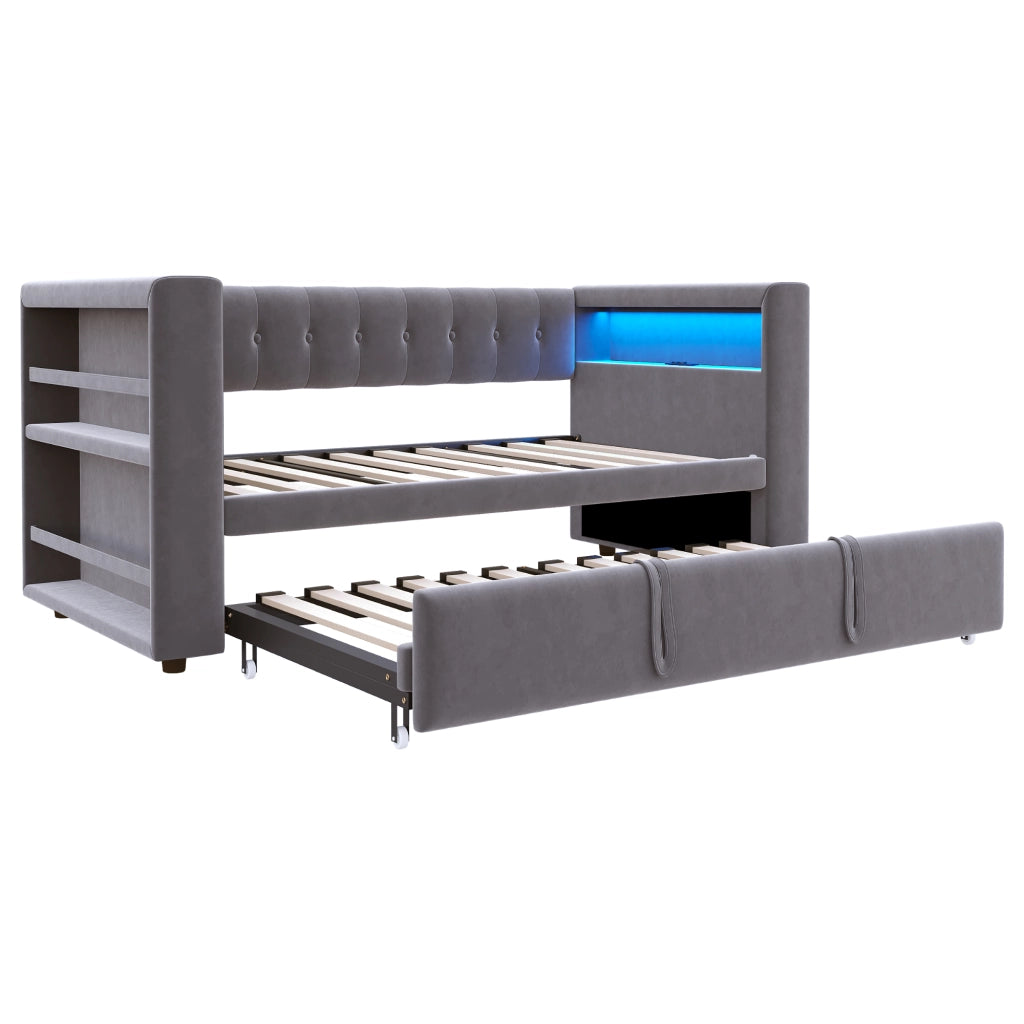 LETTO Divano multifunzione 90/180 x 190 cm in flanella grigio scuro con LED e prese