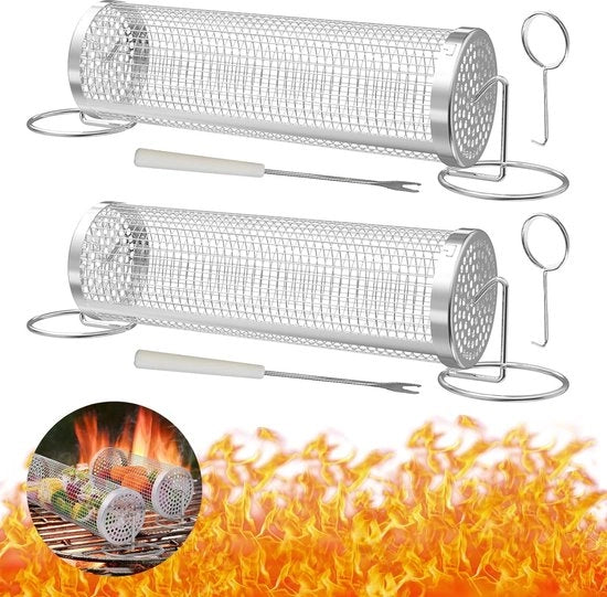 Grill cilindrico, 2 pezzi, grill cilindrico rotante con forchetta, grill cilindrico, acciaio inossidabile, accessori per grigliare per barbecue da giardino, esterno, per verdure, patatine, carne (30 cm, 2)