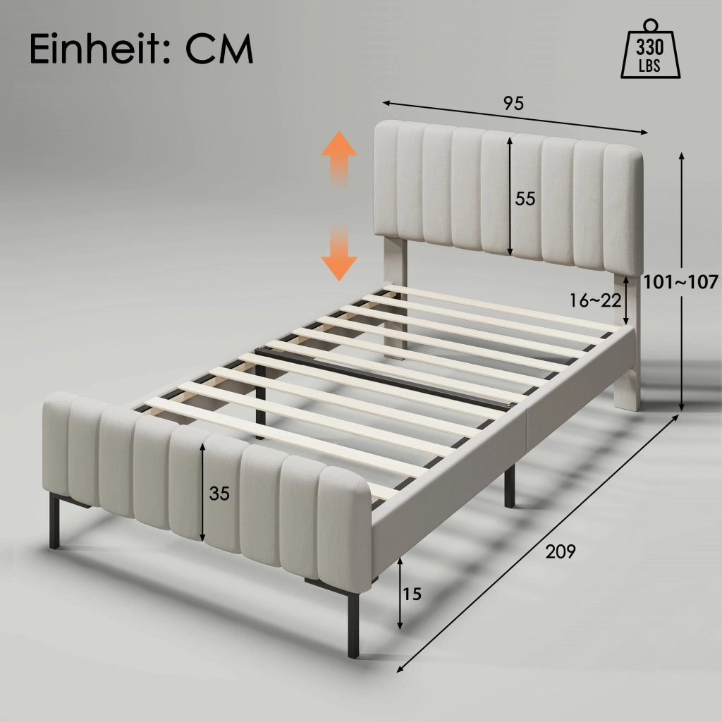 LETTO 90x200 cm con rete a doghe, testiera regolabile, lino Grigio-Beige
