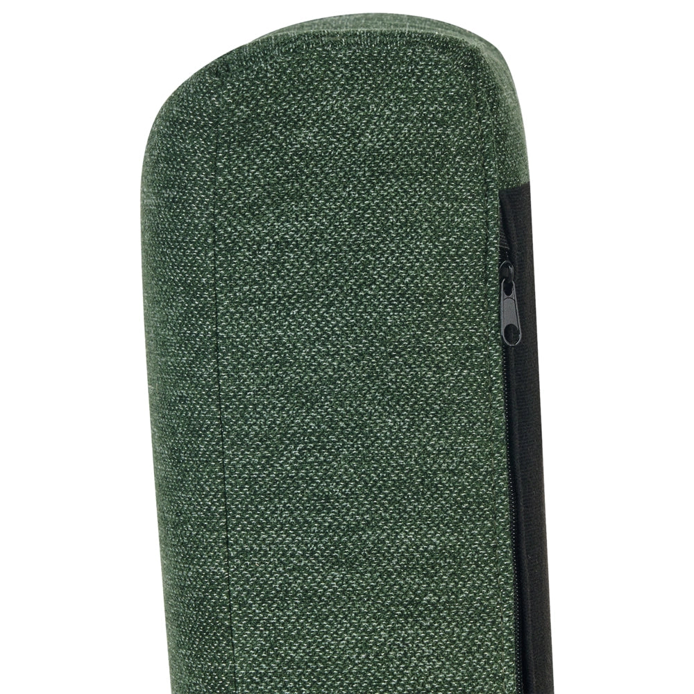 Poltrona moderna imbottita in tessuto verde scuro con gambe in metallo stile moderno e minimalista