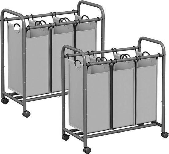 Set di 2 contenitori per bucato a tre cassetti su ruote in grigio