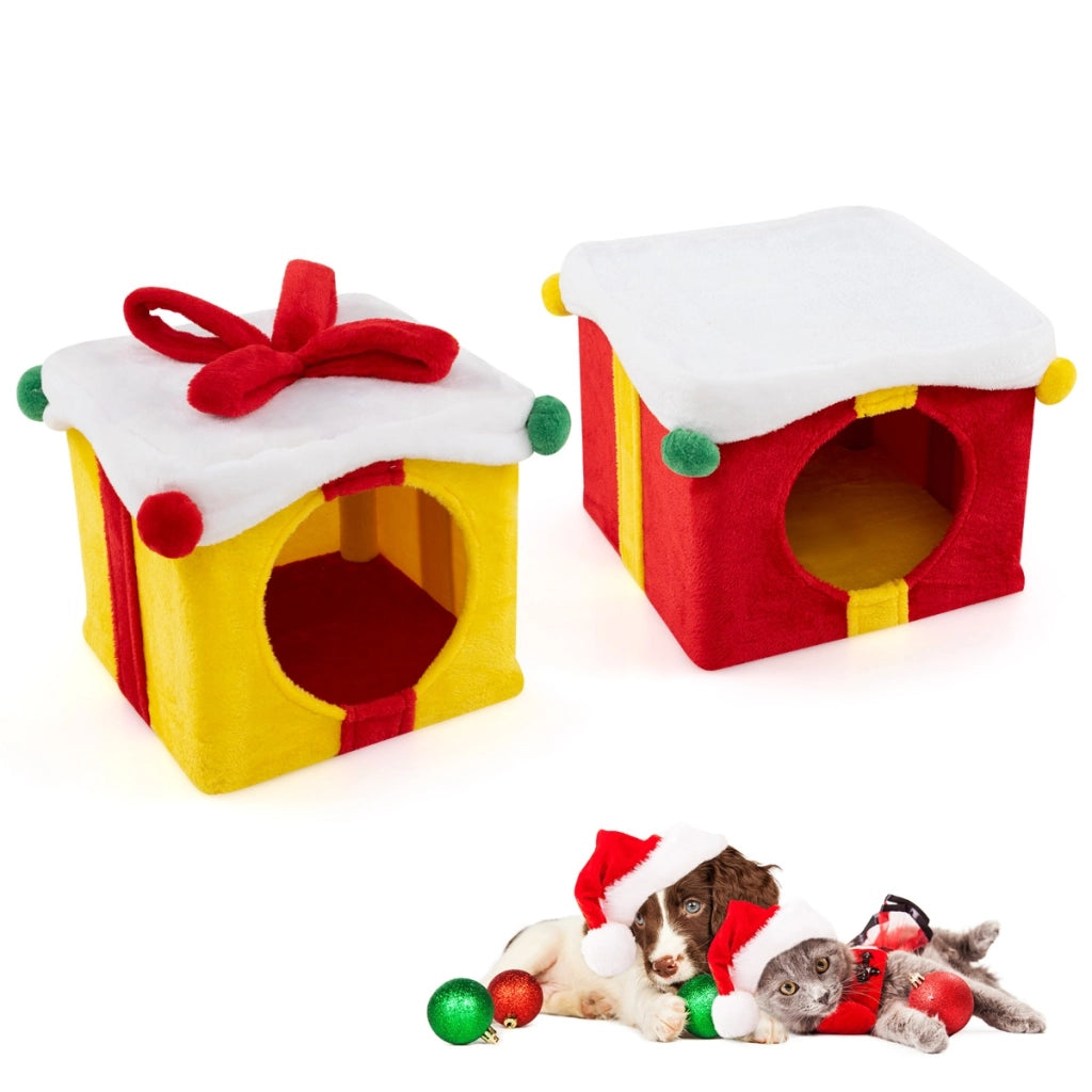 Casetta di Natale per gatti a 2 piani con fiocco, Kit di condo a forma di regalo impilabili con 2 condo Colorato