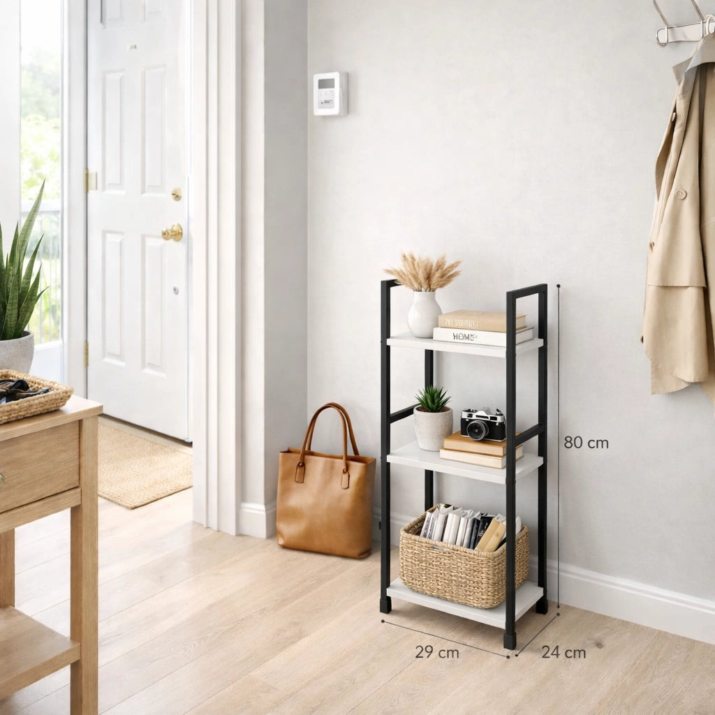 Mobile Scaffale Industrial 3 Ripiani Metallo Nero Legno Mdf Bianco 29x24 H80cm