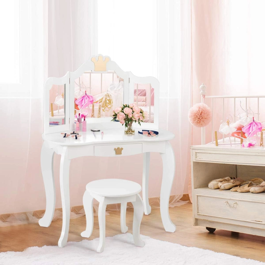 Toeletta da Trucco per Bambini, 2 in 1 Giocattolo da Trucco, Tavolo e Sgabello, con Cassetto, Specchio Rimovibile, Design Principessa, Consigliata per Ragazze 3-7 Anni, Rosa/Bianco