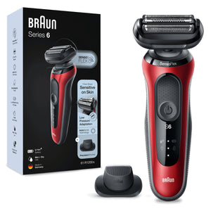 Braun series 6 61-r1200s rasoio elettrico uomo con accessorio rifinitore di precisione easyclick, sensoflex, wet&dry, ricaricabile, rasoio a lamina senza fili, rosso - 4210201433002