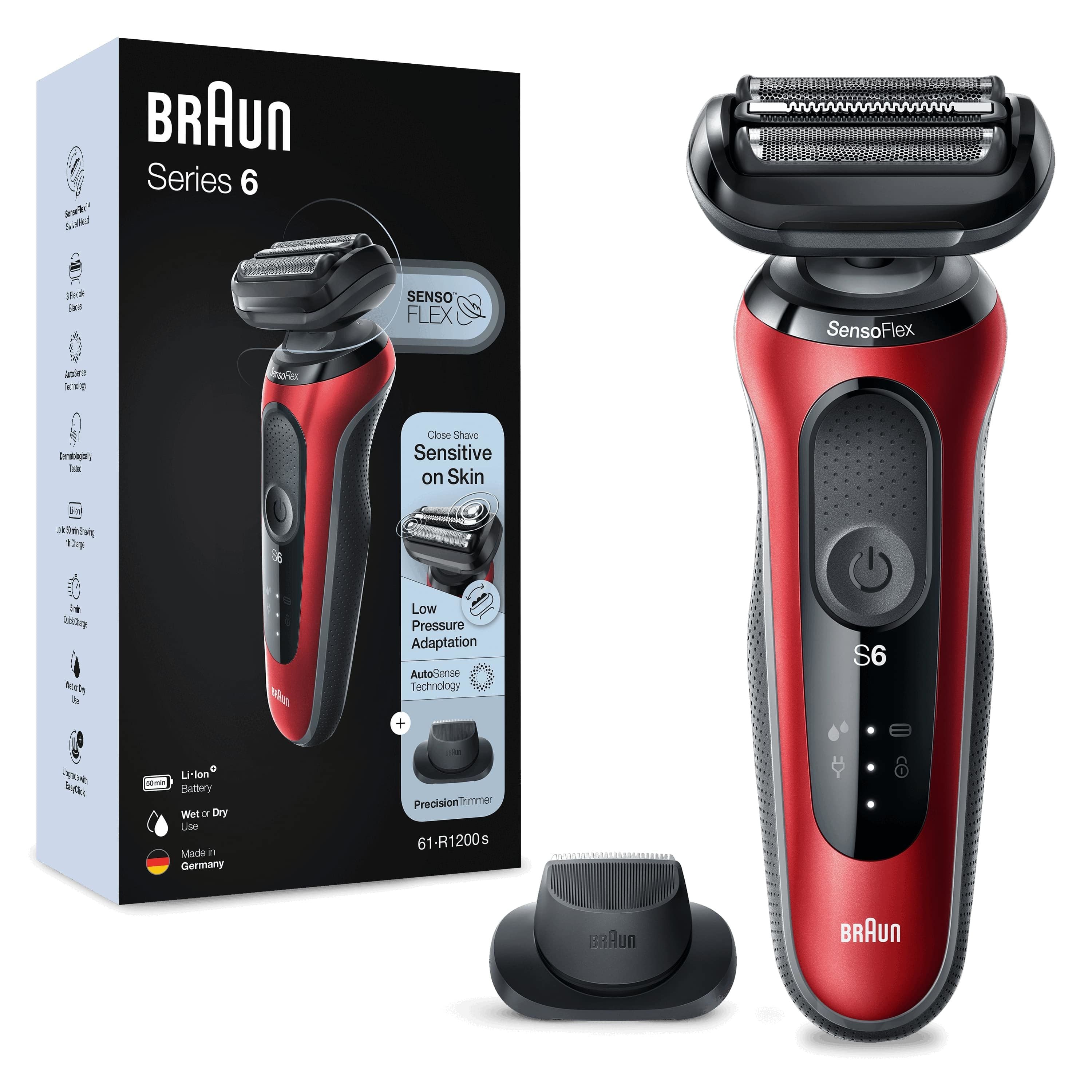 Braun series 6 61-r1200s rasoio elettrico uomo con accessorio rifinitore di precisione easyclick, sensoflex, wet&dry, ricaricabile, rasoio a lamina senza fili, rosso - 4210201433002