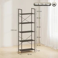 Libreria a 5 ripiani, in stile industriale con struttura metallica, 60x30x170,5 cm, Nero