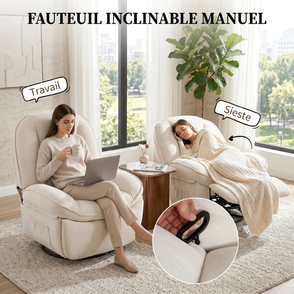 Poltrona reclinabile girevole a 360¡ã in velluto ¨C zephmum ¨C crema