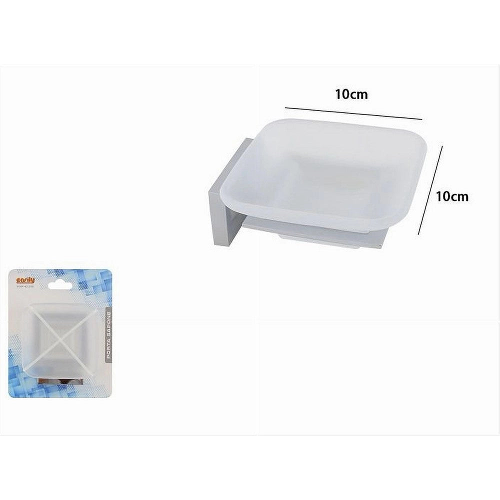 Trade Shop - Porta Sapone In Acciaio Con Piattino Quadrato Vetro Satinato Parete Bagno 87214 -