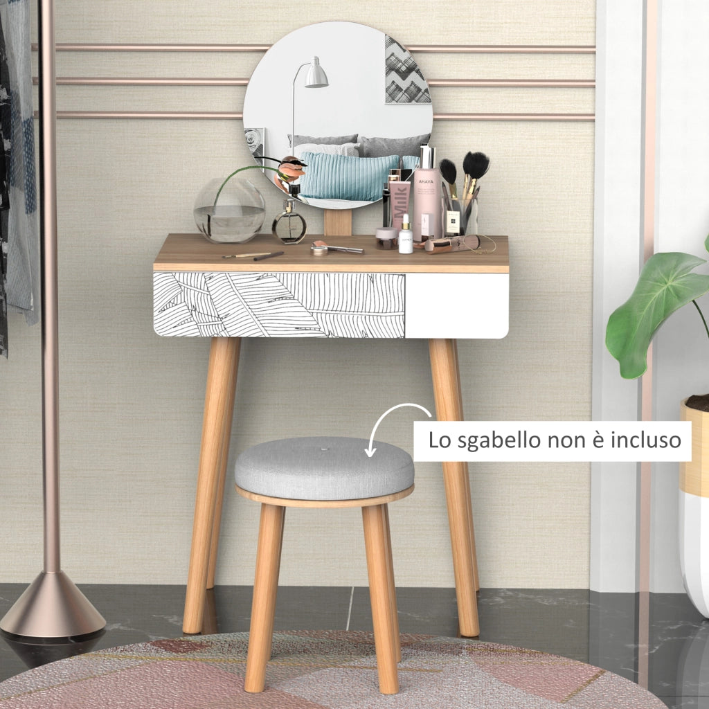 Postazione Trucco con Specchio Circolare ¨C zephmum ¨C Bianco e Rovere, 70x39x119-128cm