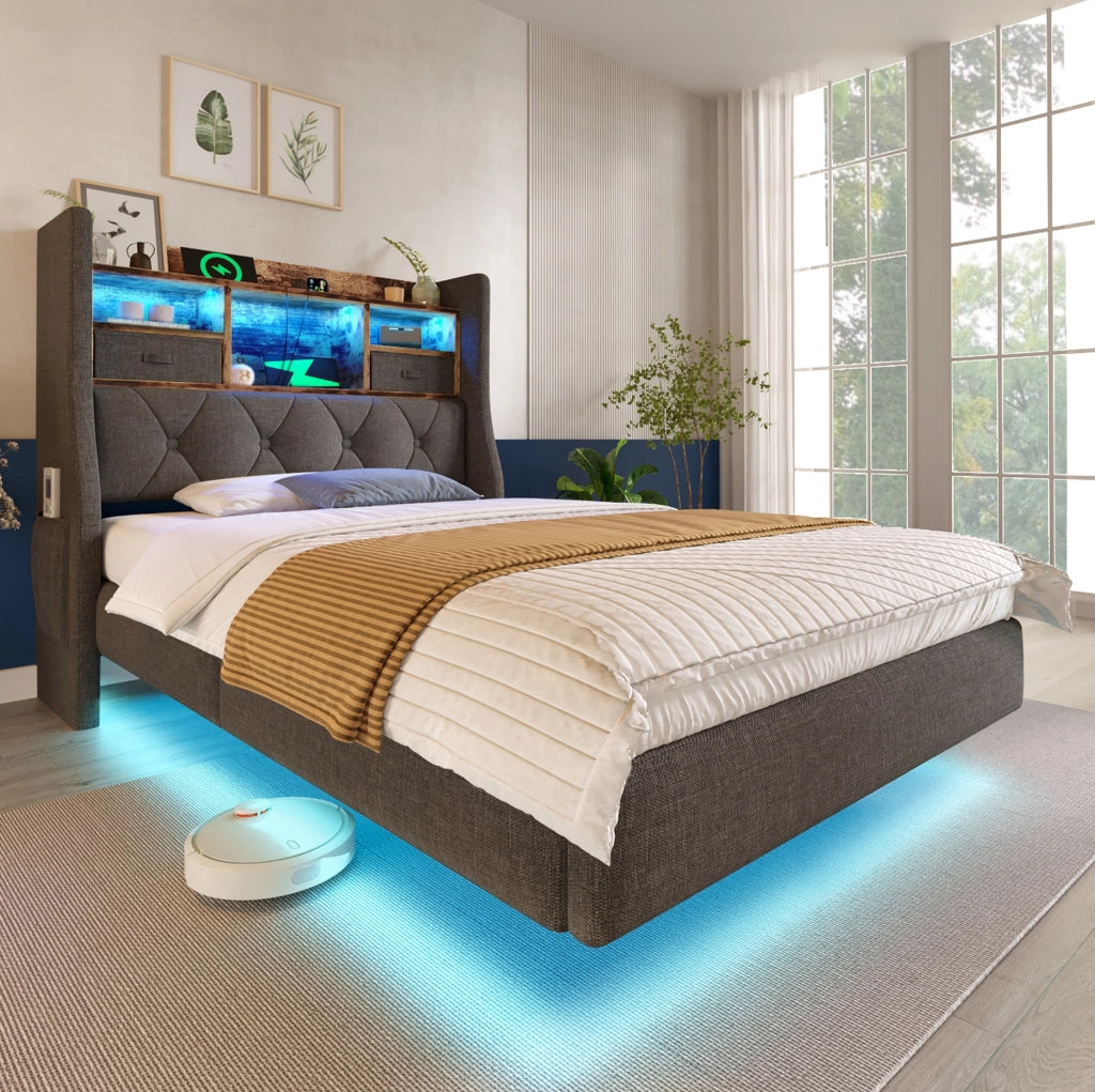 Letto imbottito grigio con LED, testiera contenitore e ricarica USB-C
