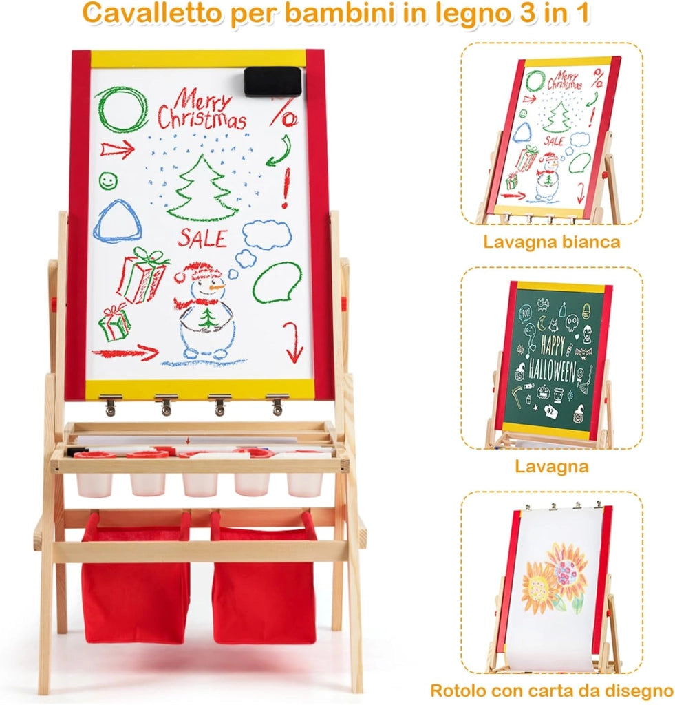 Cavalletto per Bambini 3 in 1, Lavagna Bifacciale, Cavalletto per Disegnare, con Rotolo di Carta, Magnetica, Accessori Completi, in Legno (52,5x51,5x106,5cm)