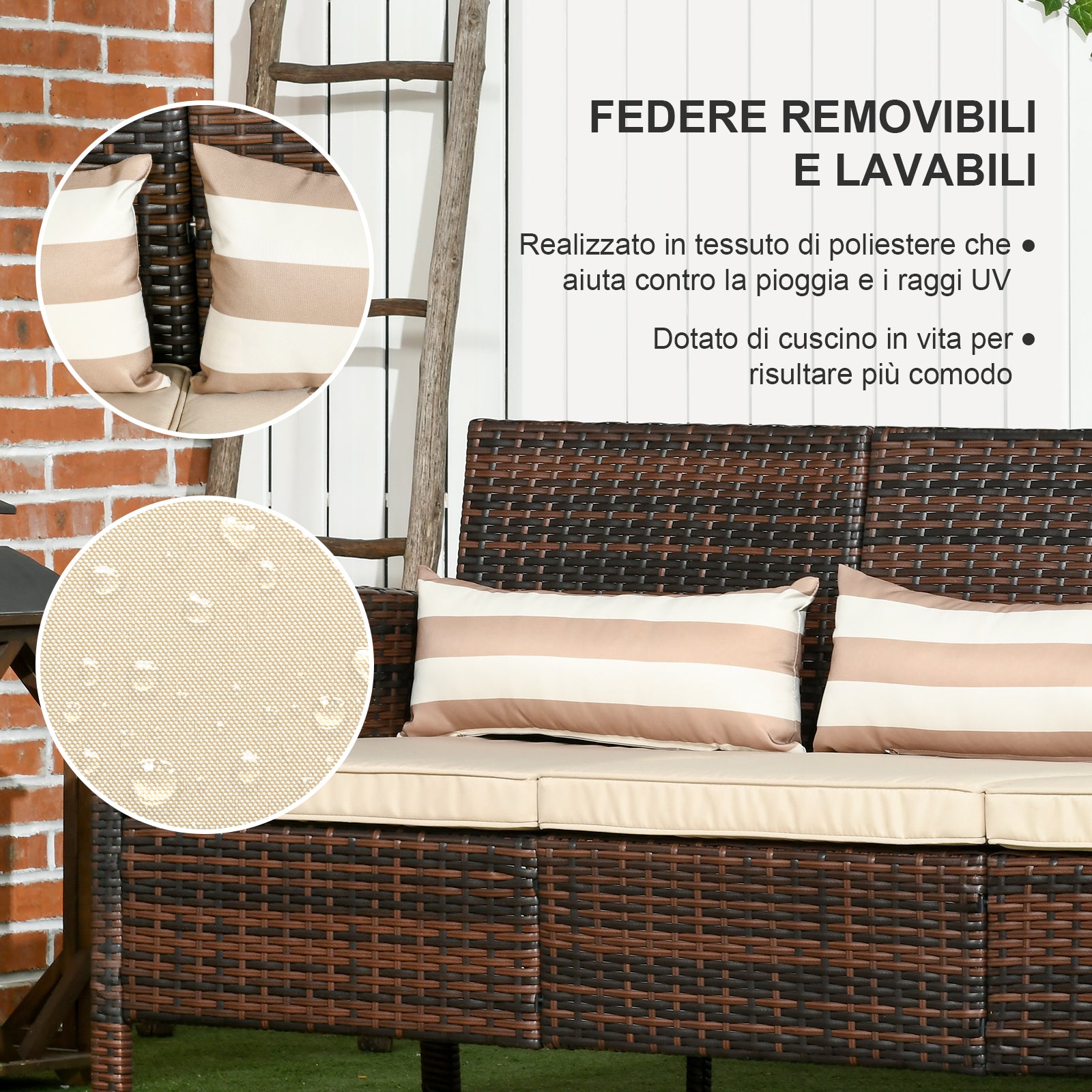 Divano 3 Posti da Esterno 173x68x78 cm con Cuscini Imbottiti e Sfoderabili in Rattan PE Marrone
