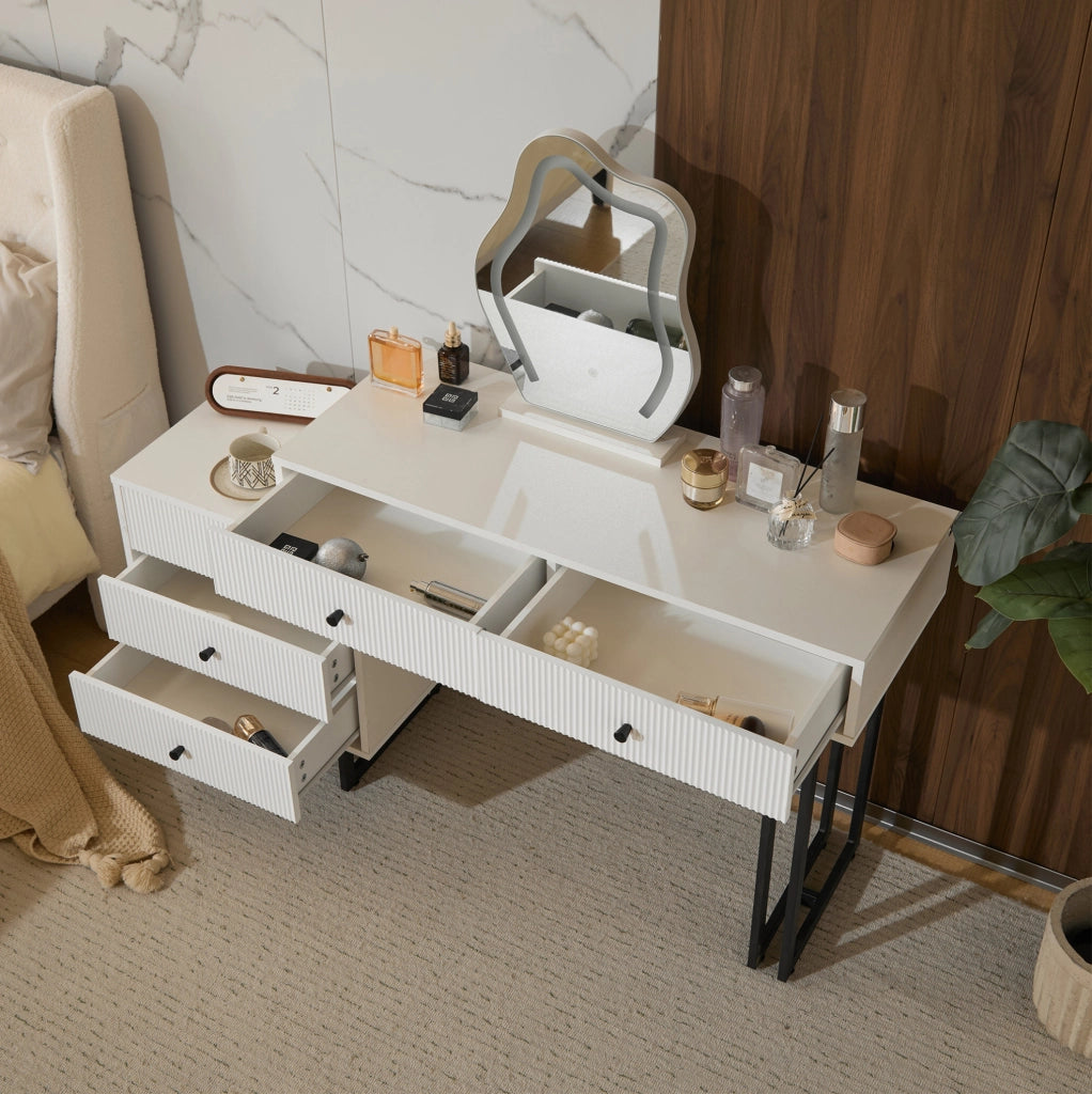 Tavolo da trucco bianco con specchio LED dimmerabile e 5 cassetti, 100x40x76 cm
