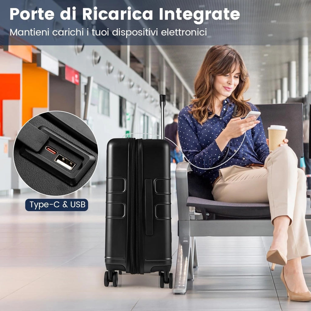 Valigia Bagaglio a Mano 20" con Tasca Frontale, Porta USB, Trolley Bagaglio a Mano con Serratura, Ruote Girevoli, Manico Regolabile (Senza Beauty + Nero)