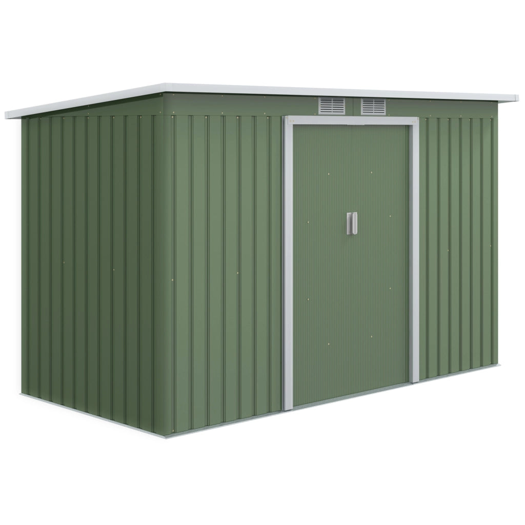 Casetta da giardino in acciaio zincato con tetto inclinato e griglie di ventilazione, verde chiaro, 3,2 m²