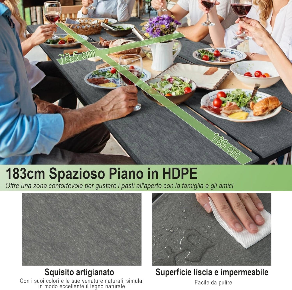 Tavolo da Pranzo 183 CM con 2 Panche per 8 Persone, Set da Picnic in Metallo e HDPE con Foro per Ombrellone, per Giardino Terrazzo (Grigio)