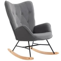 Sedia a Dondolo con Trapuntatura, Base in Legno, Velluto, fino a 150 kg, Grigio Scuro