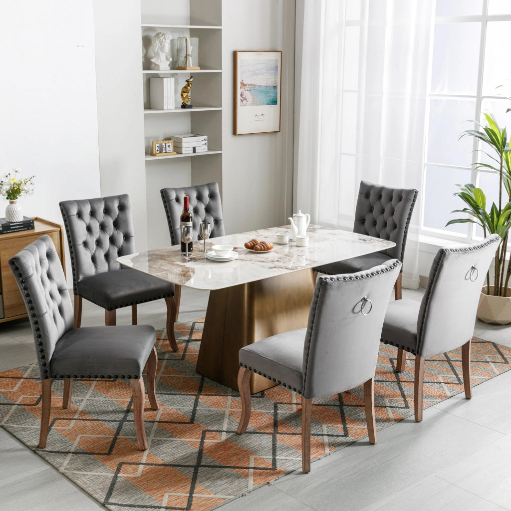 Sedia da pranzo in velluto con anello posteriore e rivetti decorativi, gambe in legno massiccio, Grigio