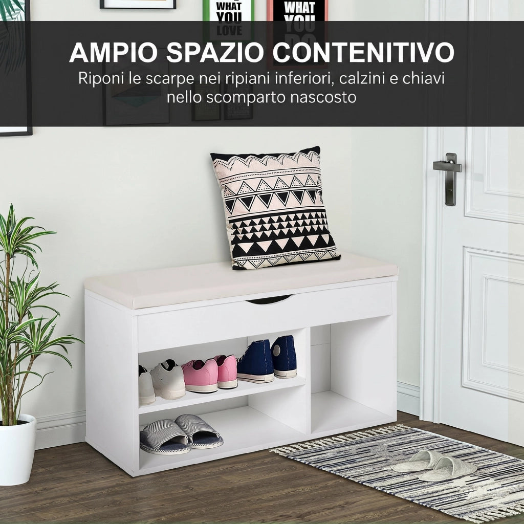 Panca Scarpiera 80x30x47 cm Salvaspazio con Sedile Imbottito Ribaltabile da Ingresso in Legno Bianco