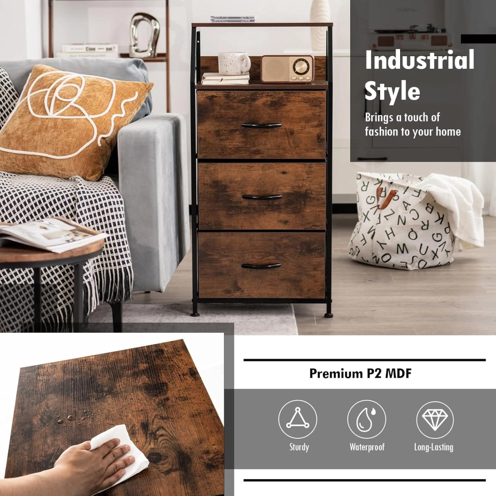 Armadietto verticale con 3 cassetti in tessuto e 2 ripiani aperti, comodino con protezione anti-ribaltamento, armadietto, cassettiera, 45 x 30 x 92 cm, stile industriale