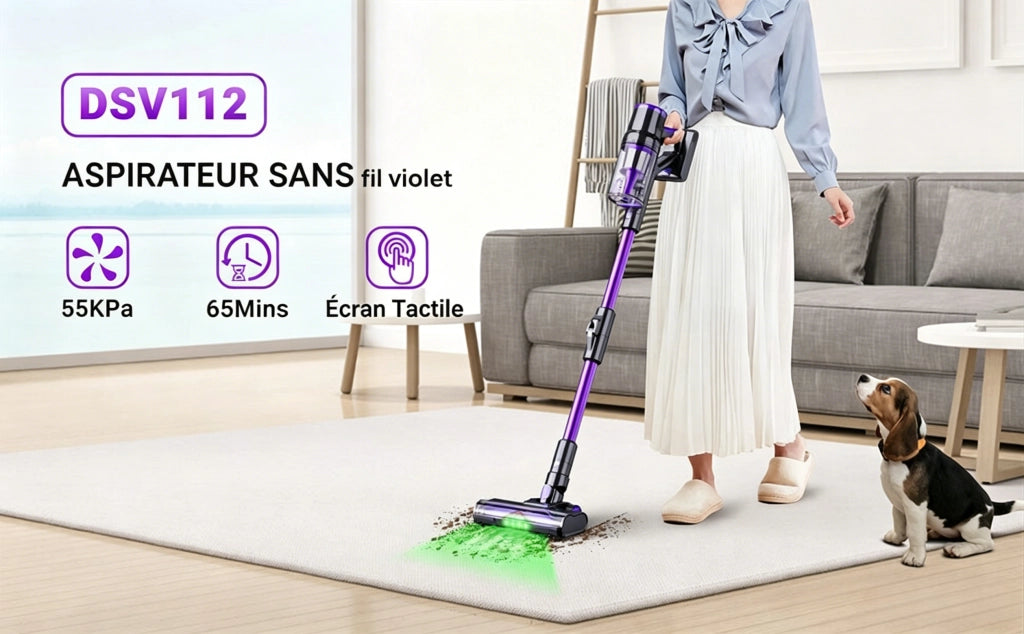 Aspirapolvere a bastone senza fili - DSV112A - 550W - 55Kpa - 60 Min di autonomia - Per peli animali Purple