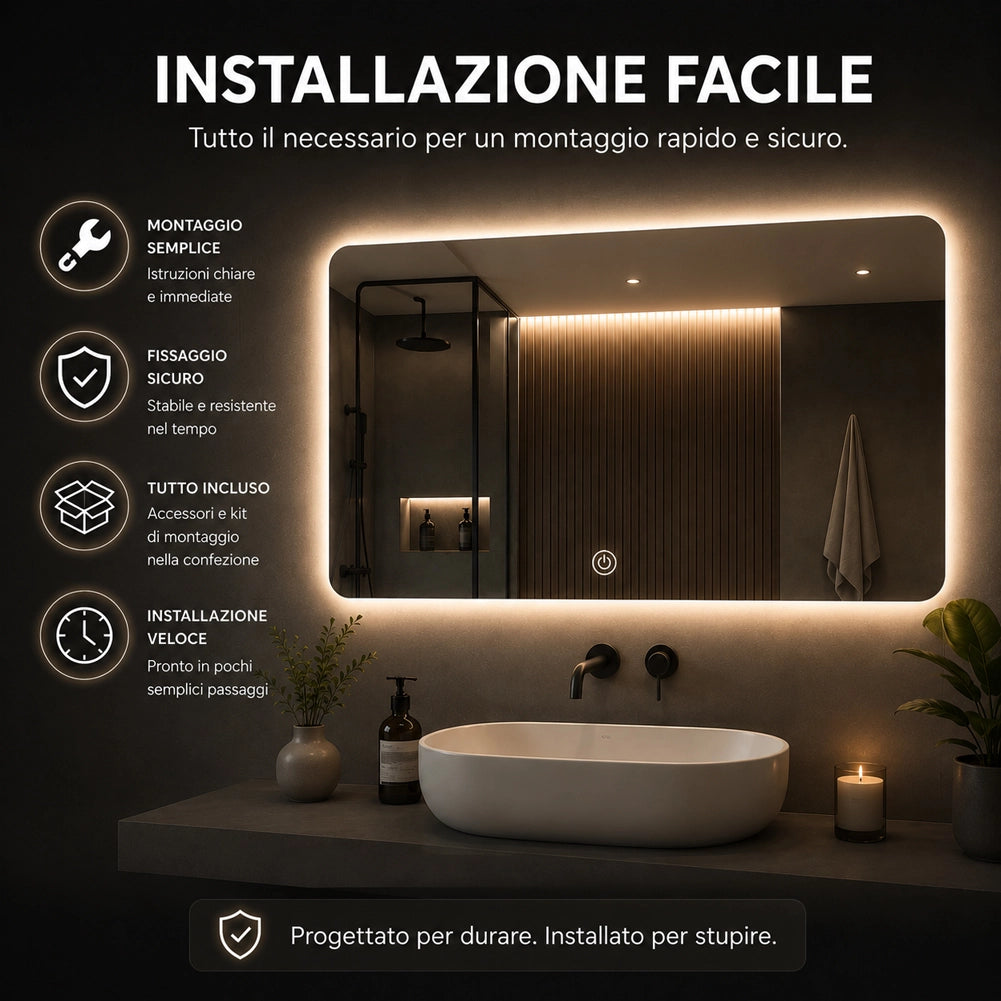 Specchio Led Rettangolare con Led 3 Colori Dimmerabile 70x50 cm Pulsante Touch