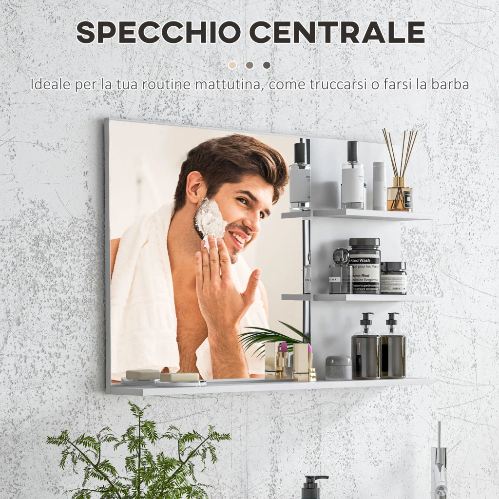 Specchio da Bagno a Parete con 2 Ripiani Laterali e Ripiano Inferiore, in MDF e Vetro, 75x10x48 cm, Bianco