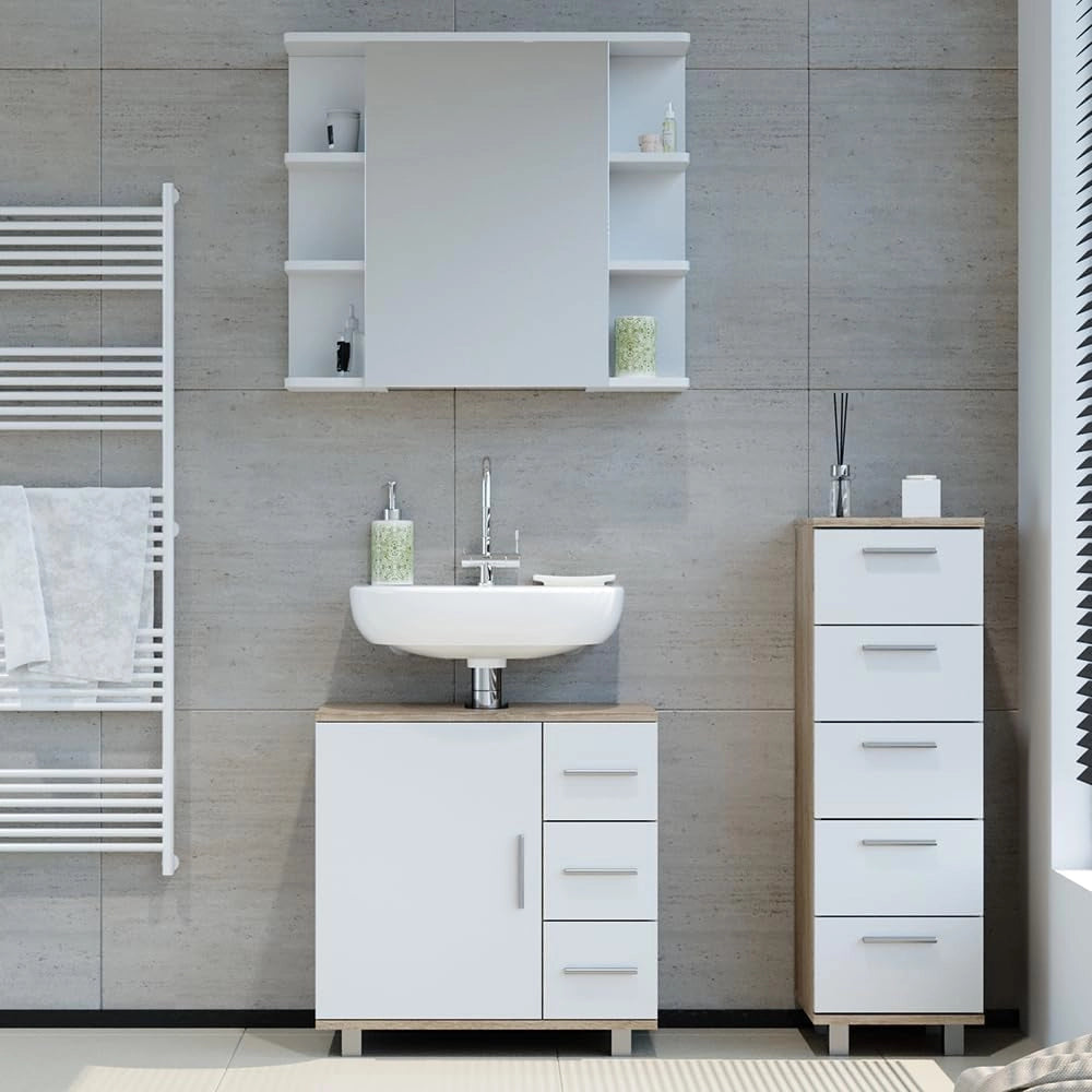 Set mobili bagno Ilias, Sonoma, 60 cm, composto da mobile sottolavabo, specchiera e mobile medio
