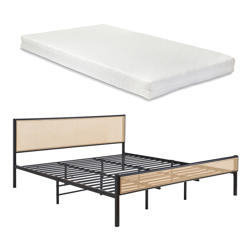 Letto Matrimoniale Linköping in Metallo Nero con Materasso 180x200 cm Testiera e Pediera Effetto Rattan [en.casa]