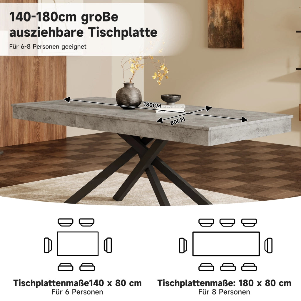 Tavolo da pranzo allungabile 140/180x80 cm in MDF grigio; piano spesso 93 mm